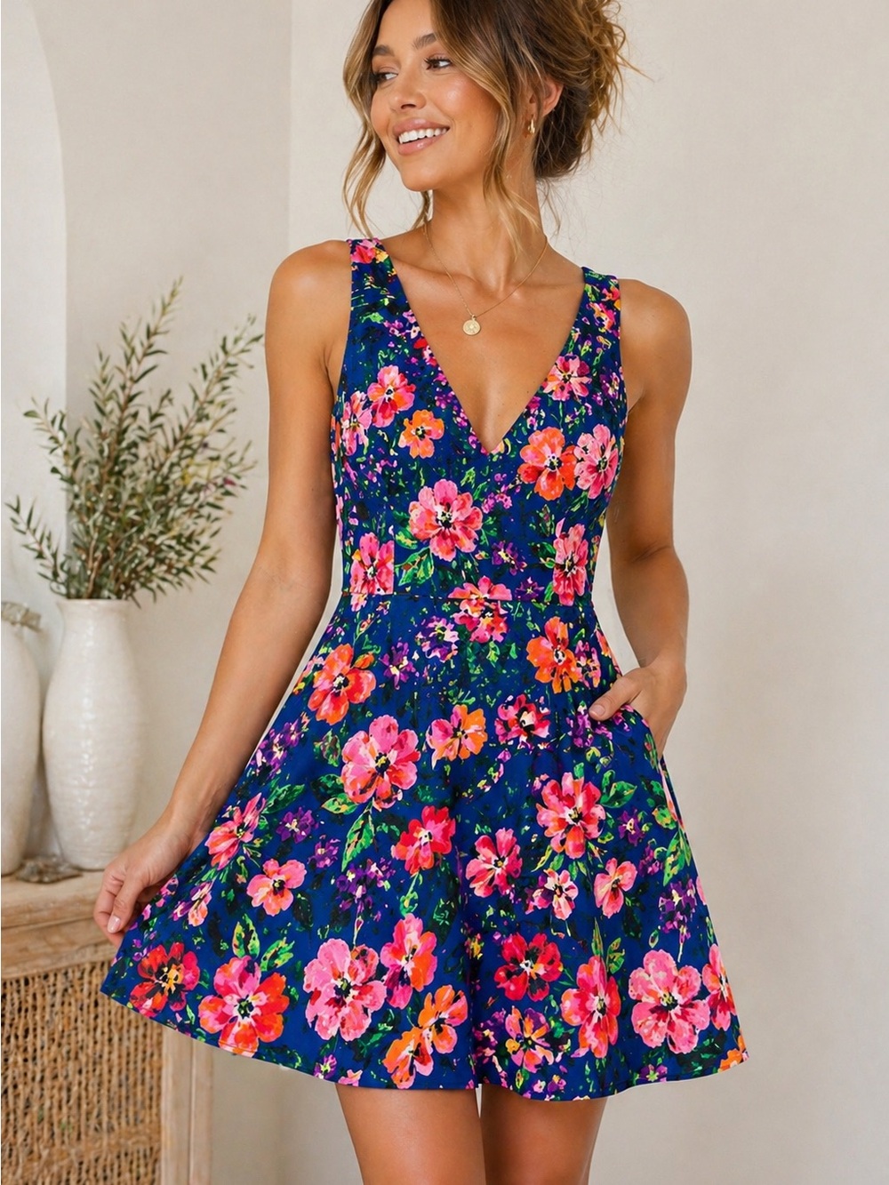 Floral Fit & Flare Dress Blue Pink Orange Size M